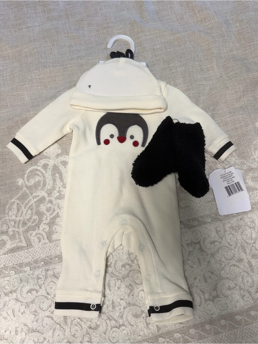 Cream Penguin Appliqué One-Piece with Hat and Mittens